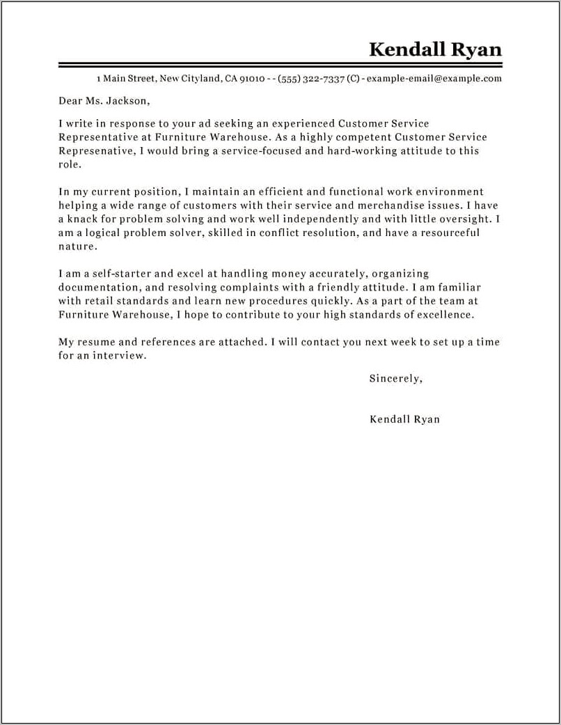 Cover Letter Example For Customer Service Resume