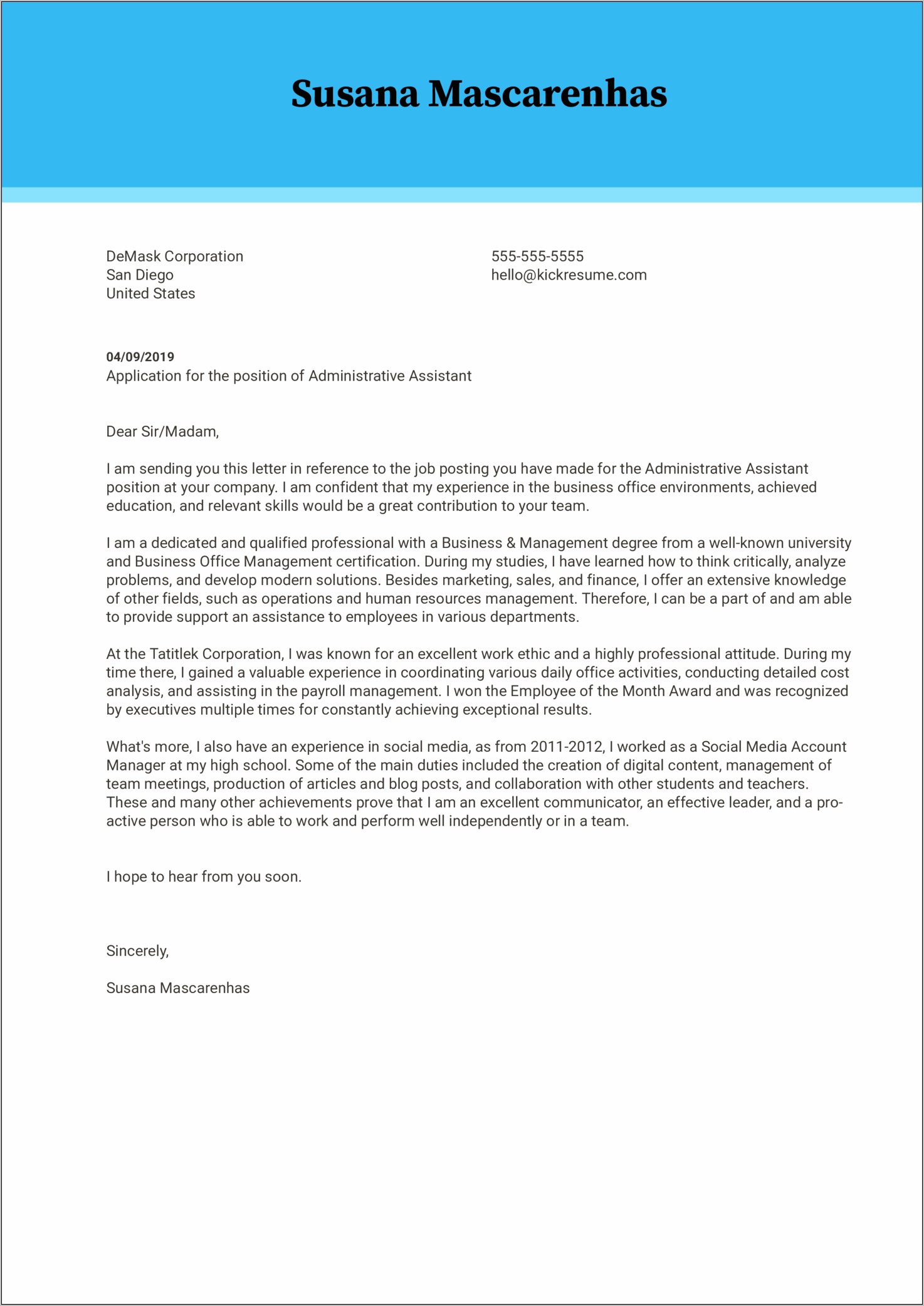 Cover Letter Example For Resume Executive Assistant