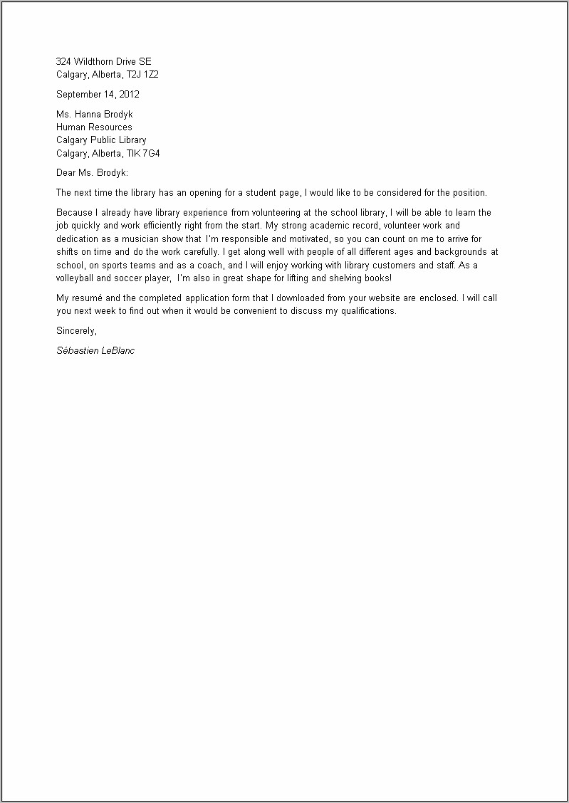 Cover Letter Examples For Resume For Highschool Students