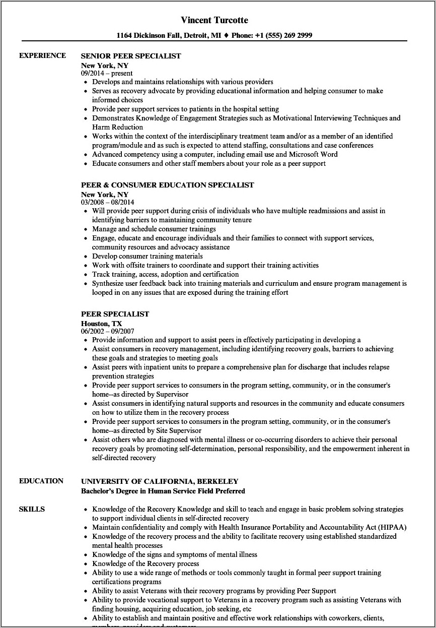 Cover Letter Examples For Resume Peer Support Speci