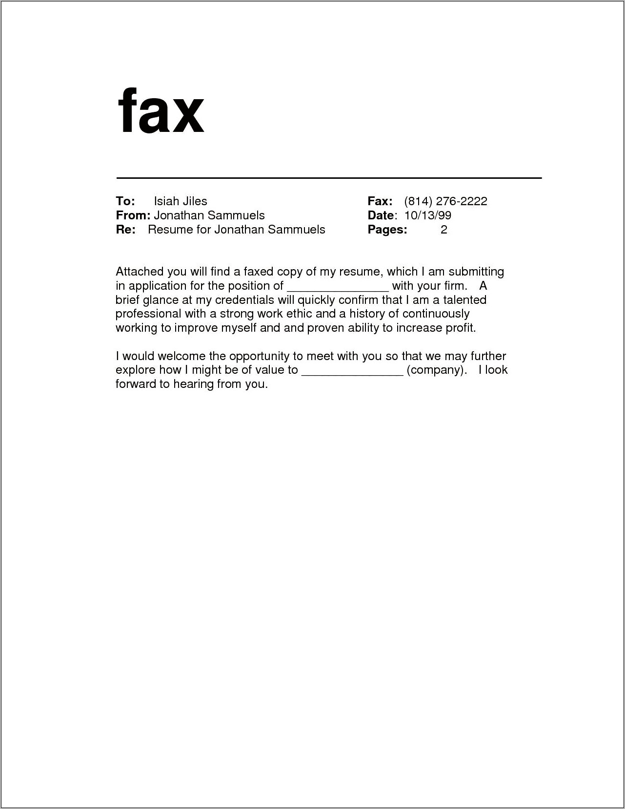 Cover Letter For A Faxed Resume
