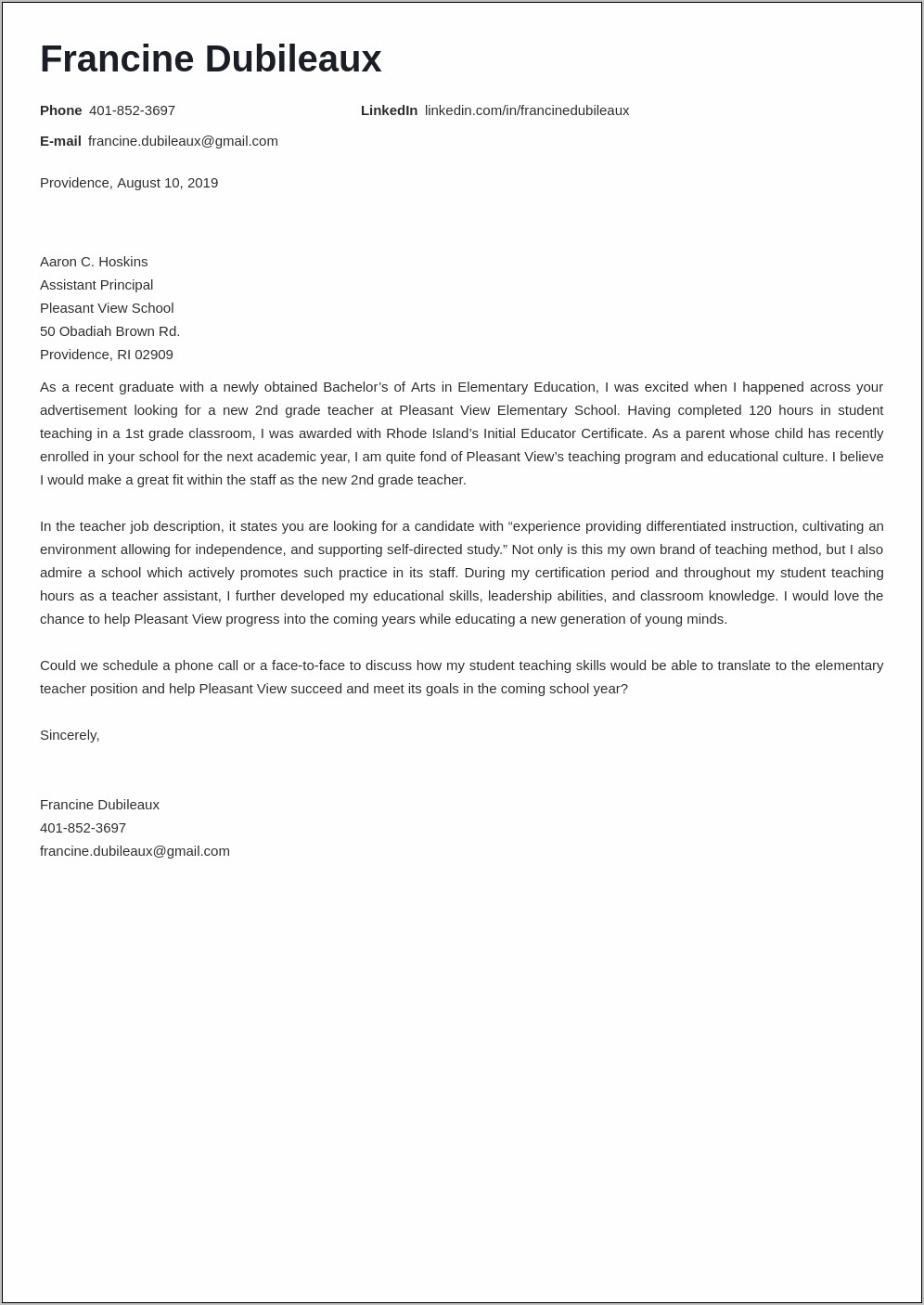 Cover Letter For A Resume Teacher