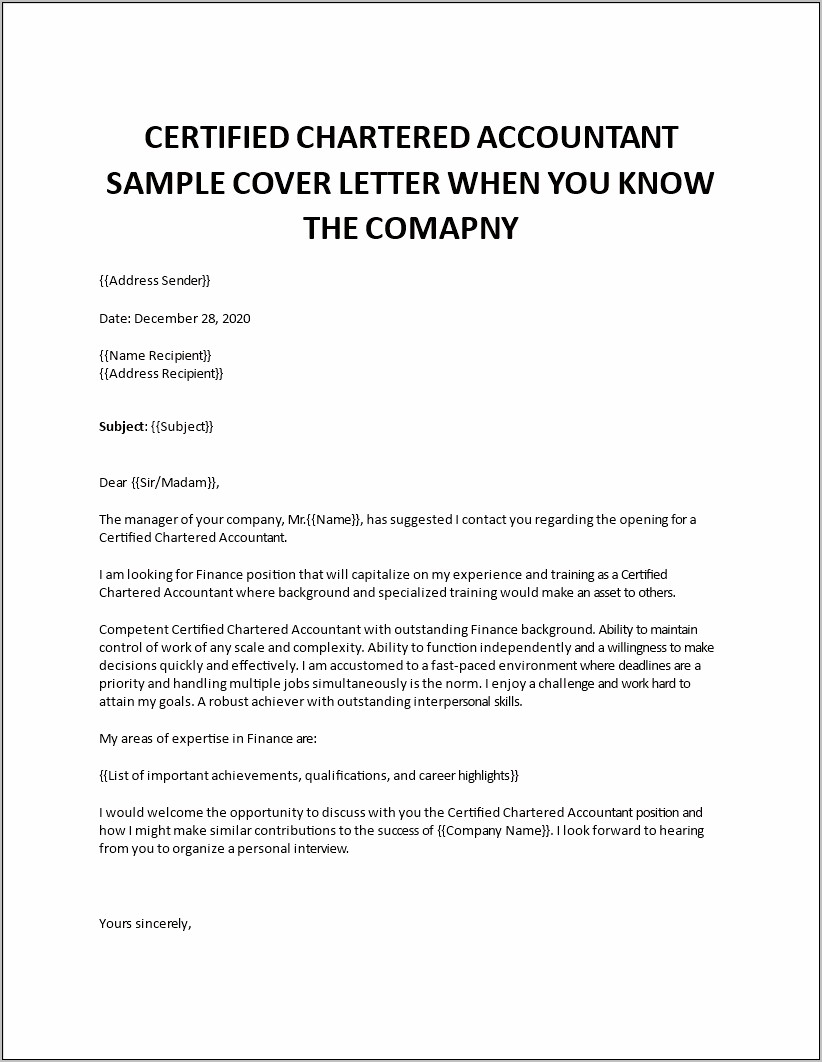 Cover Letter For Resume Chartered Accountant