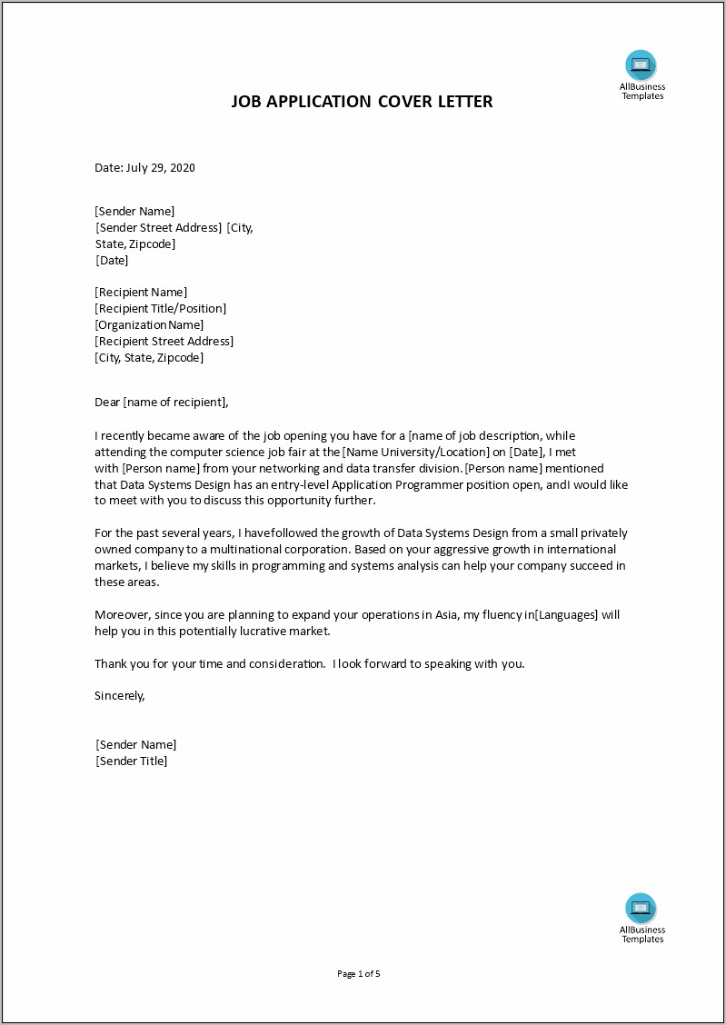Cover Letter For Resume Computer Science