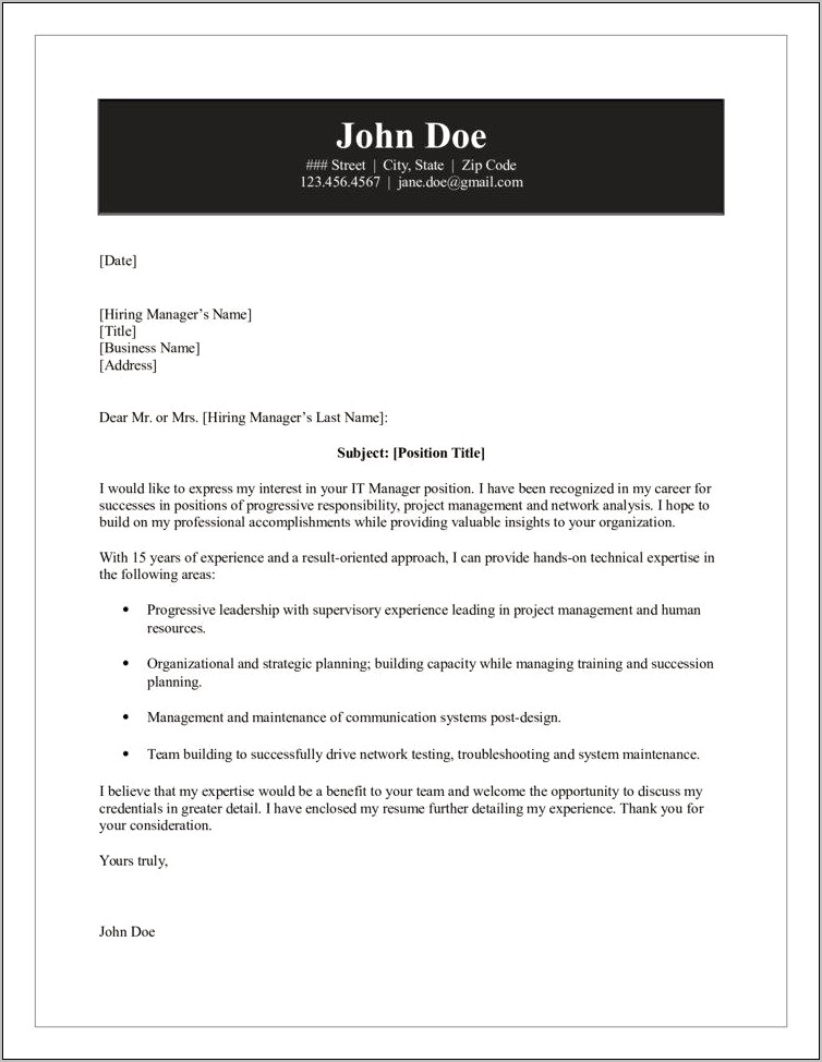 Cover Letter For Resume It Manager