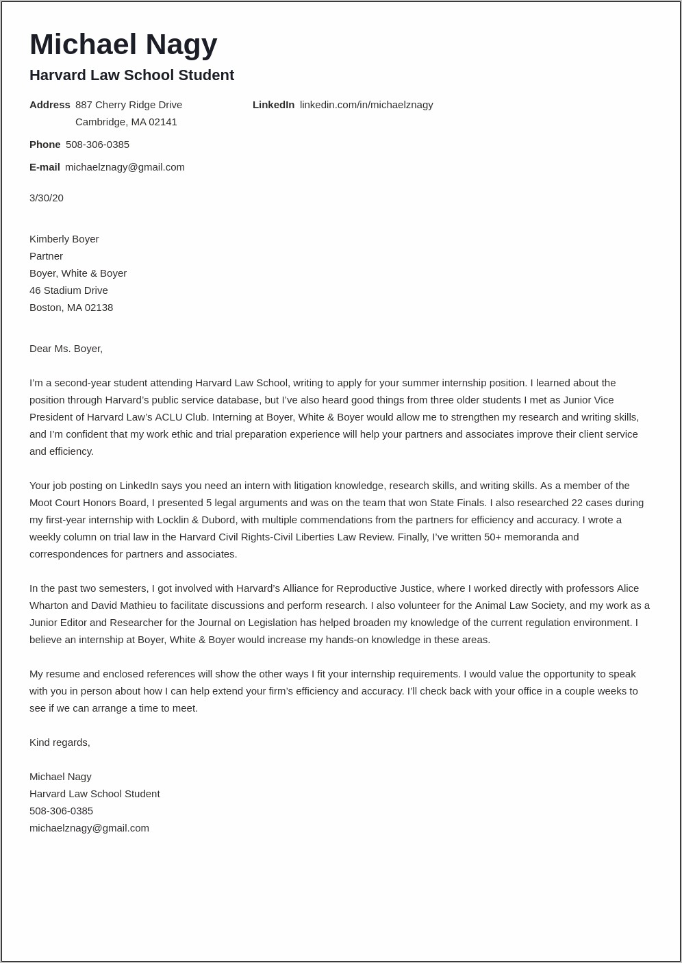 Cover Letter For Resume Law Student