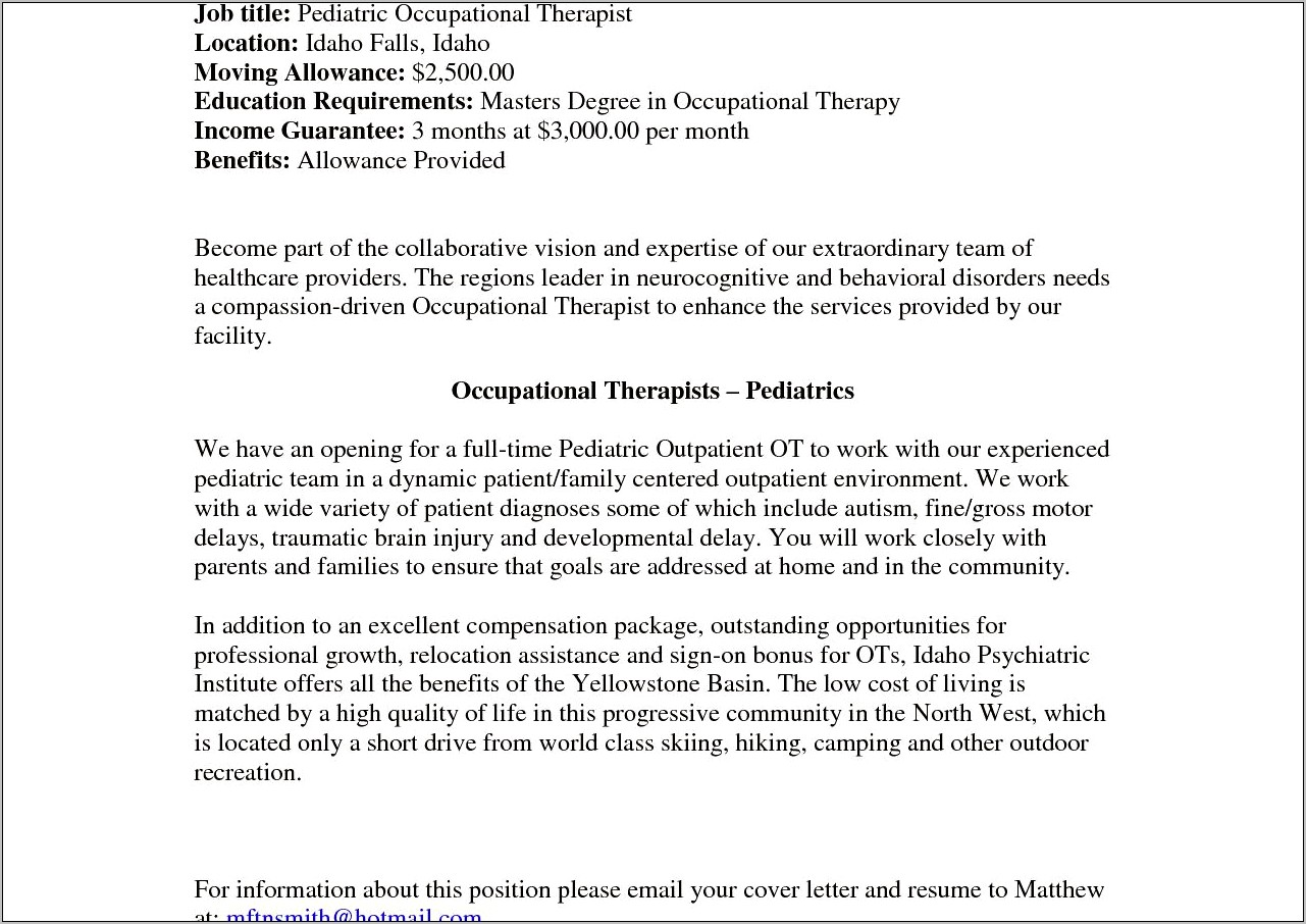 Cover Letter For Resume Occuaptional Therapy