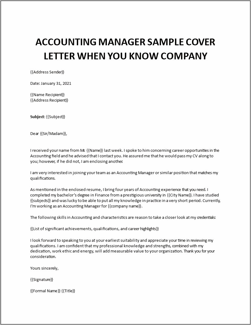 Cover Letter For Resume Sample For Accountant