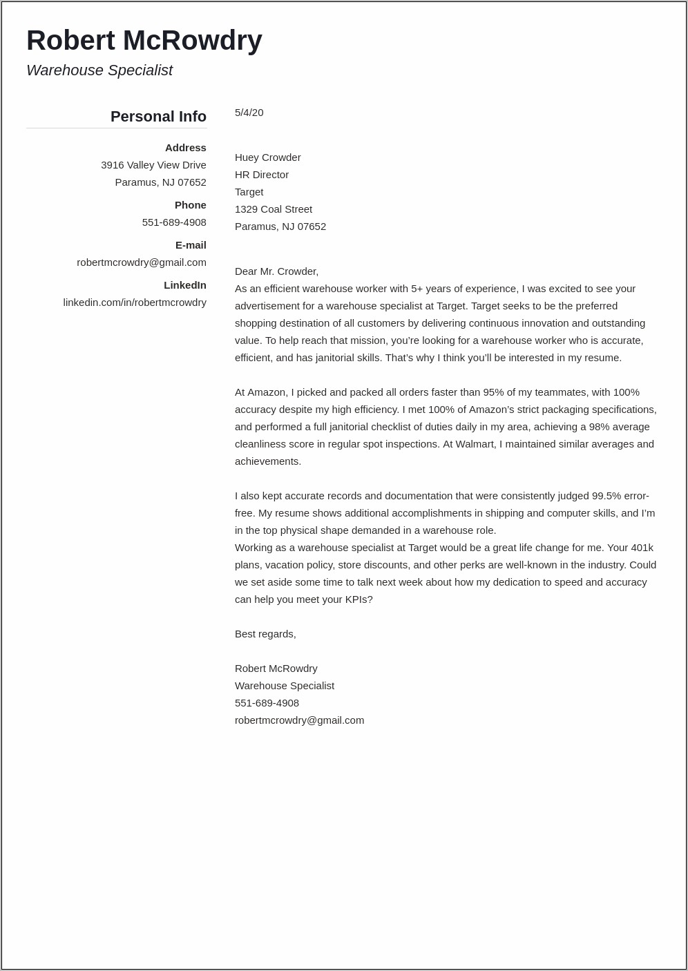 Cover Letter For Resume Warehouse Job