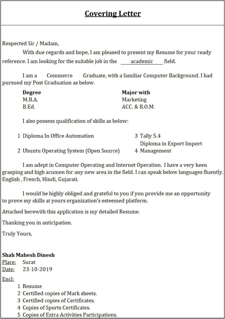 Cover Letter For Submitting A Resume