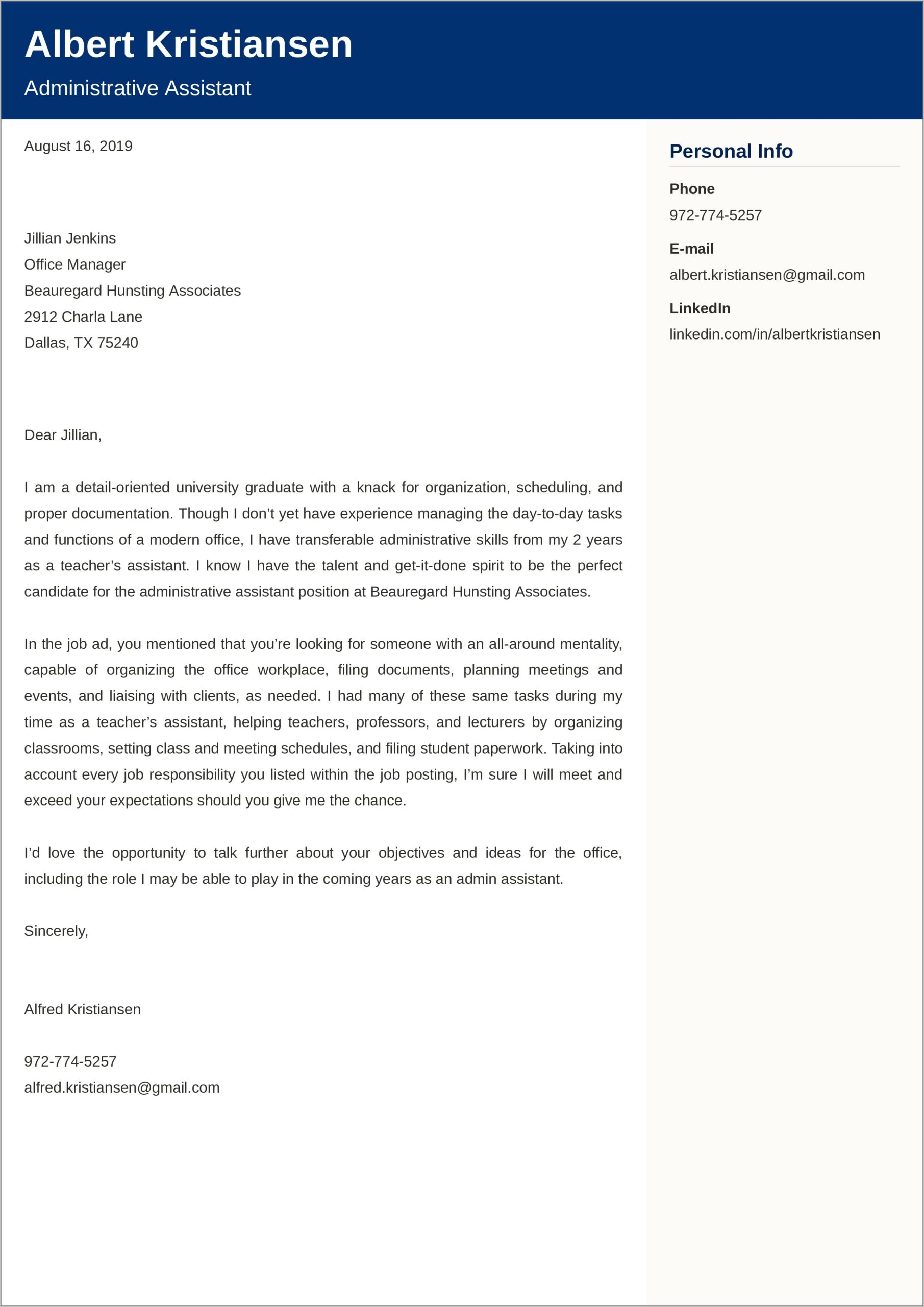 Cover Letter Resume Examples Administrative Assistant