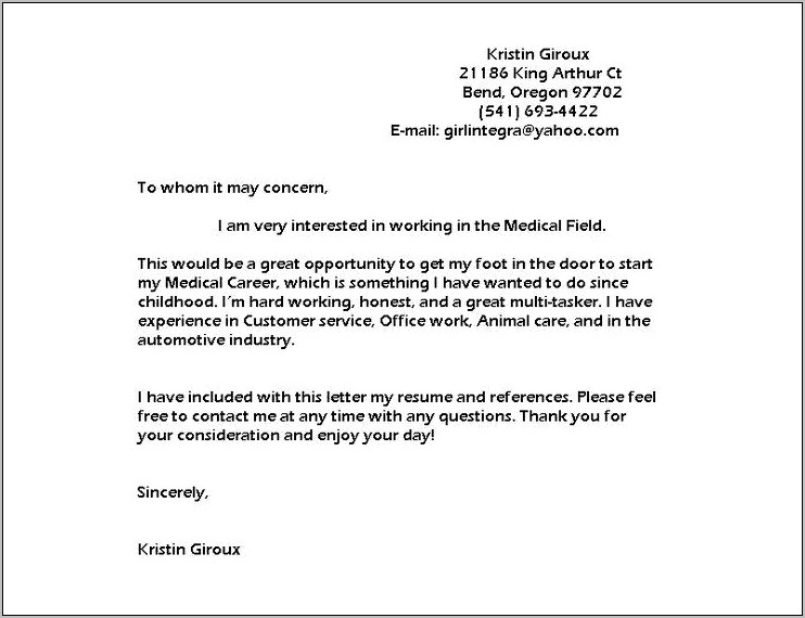 Cover Letter Resume Examples Medical Field
