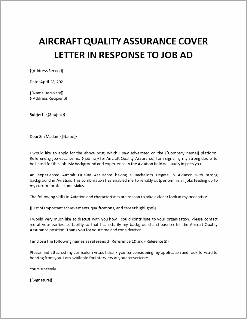 Cover Letter Sample For A Aviation Resume