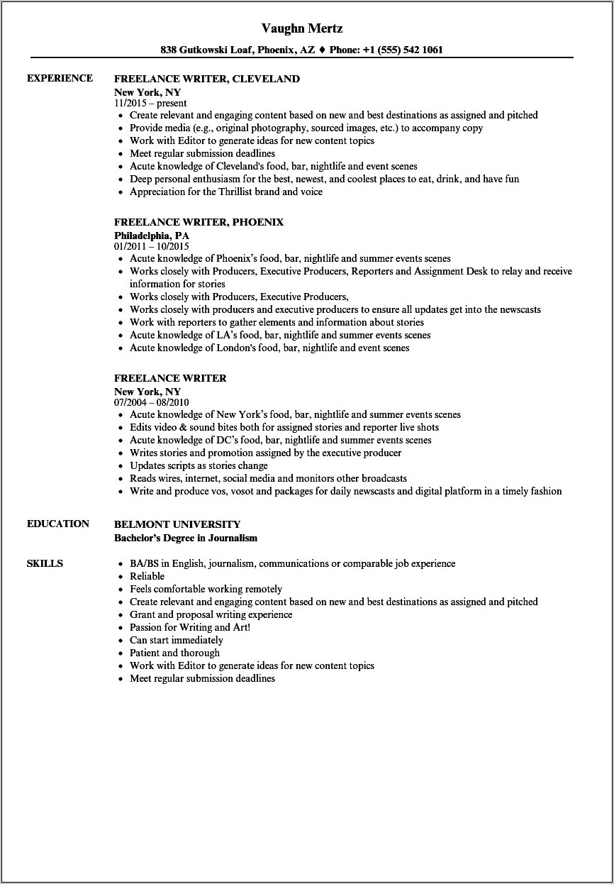 Creative Writing Resume Examples Monster