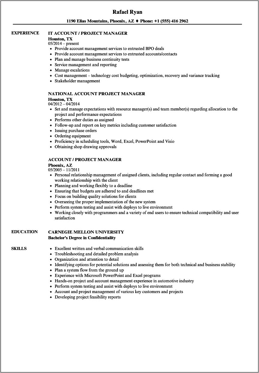 Critical Skills Project Manager Resume