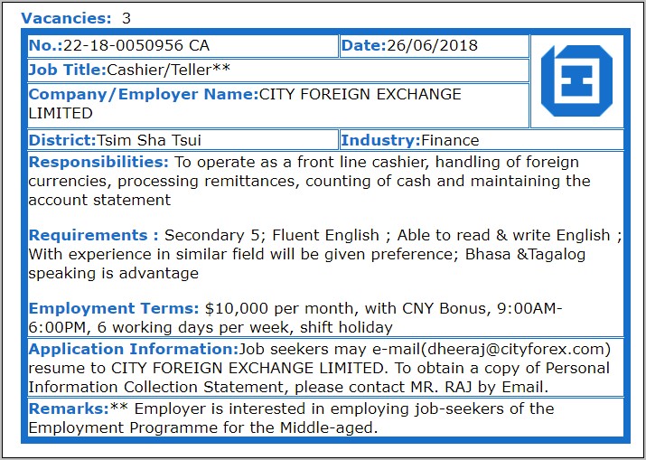 Currency Exchange Job Description For Resume