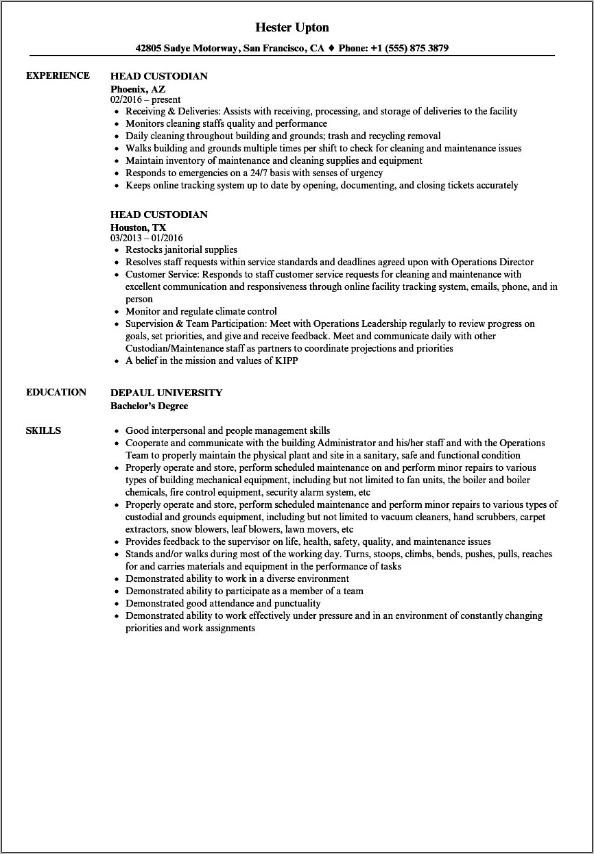 Custodial Maintenance Job Description For Resume