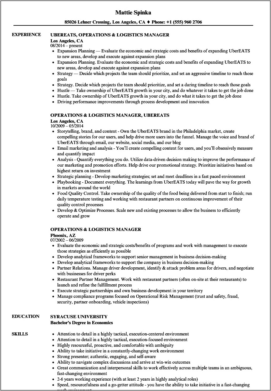 Customer Logistics Manager Resume Examples