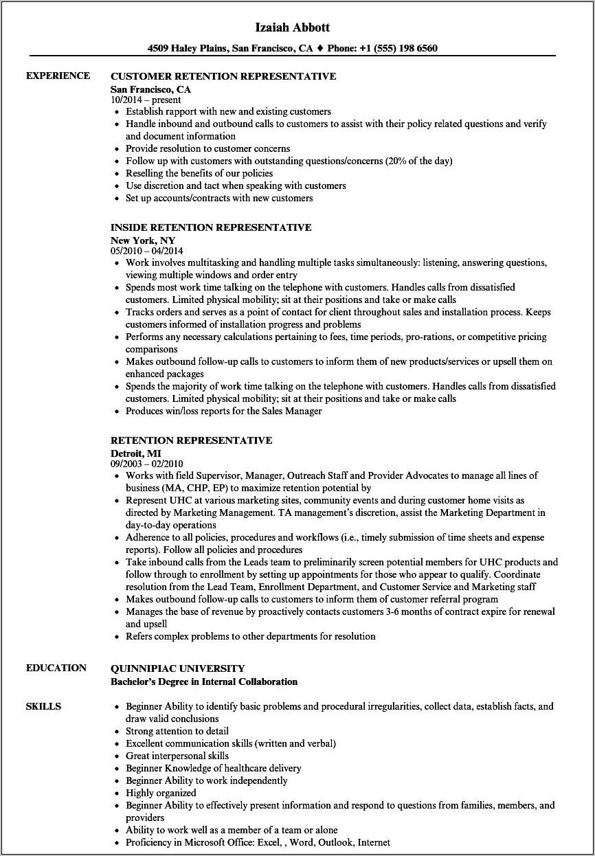 Customer Retention Specialist Job Description For Resume
