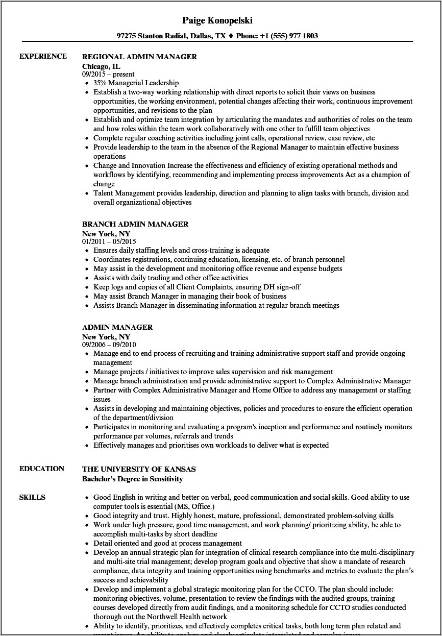 Customer Service Administration Manager Job Description For Resume