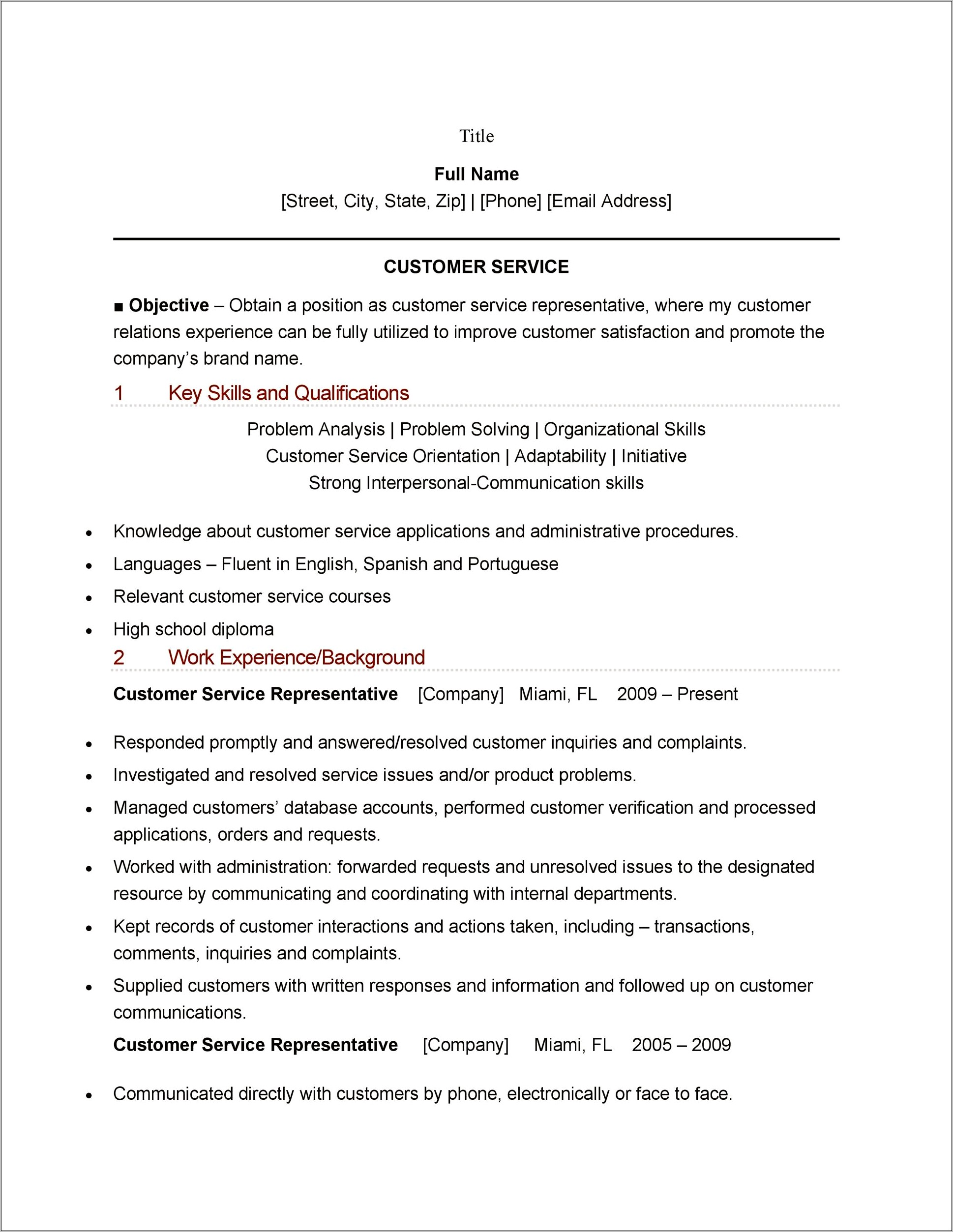 Customer Service And Administrative Combination Resume Sample