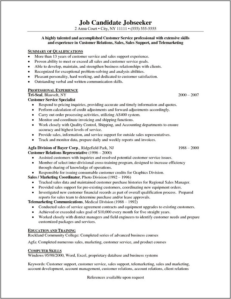 Customer Service And Sales Support Sample Resume