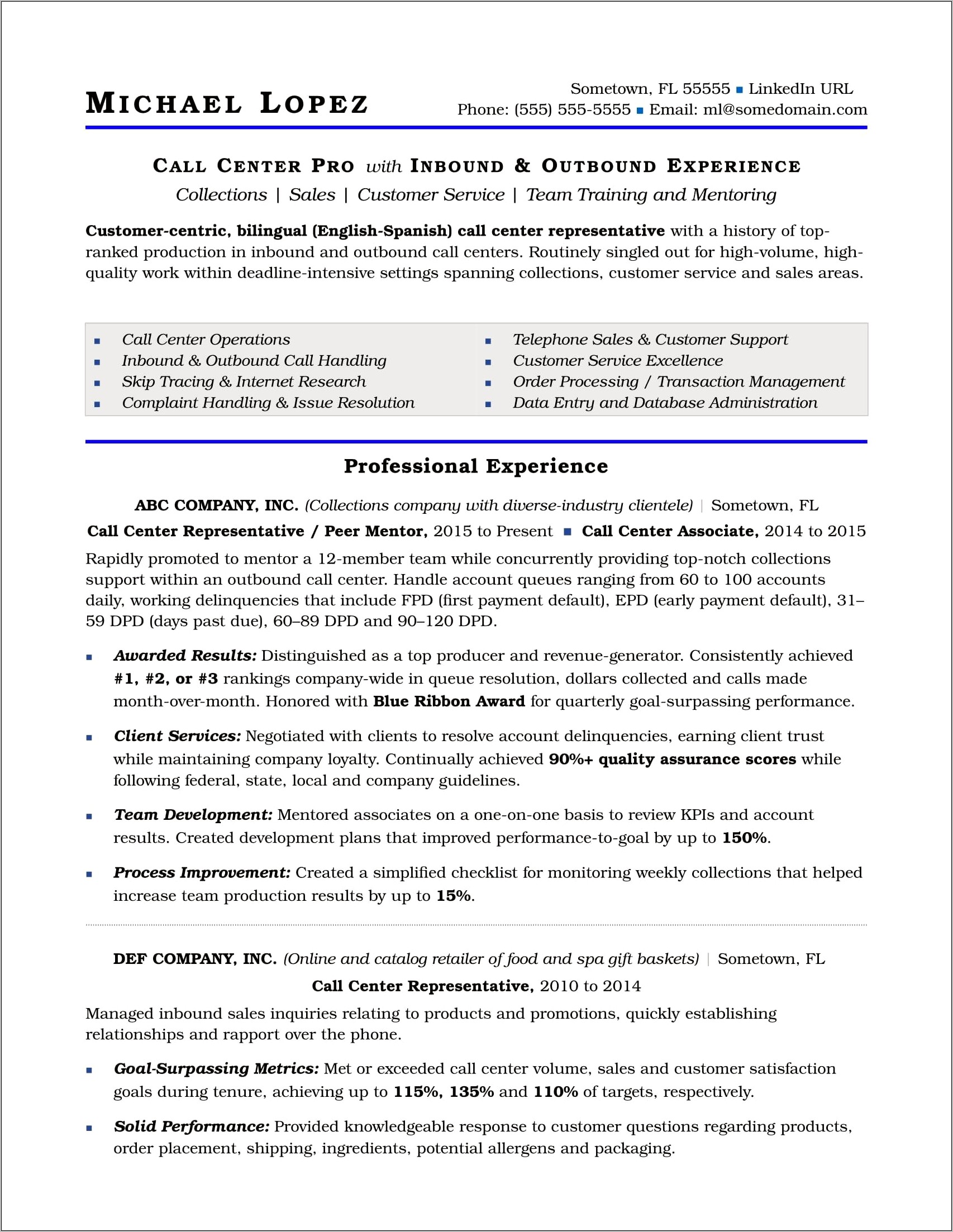 Customer Service Call Center Resume Description