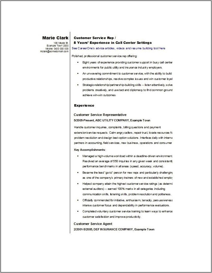 Customer Service Example Resume Summary Of Qualifications