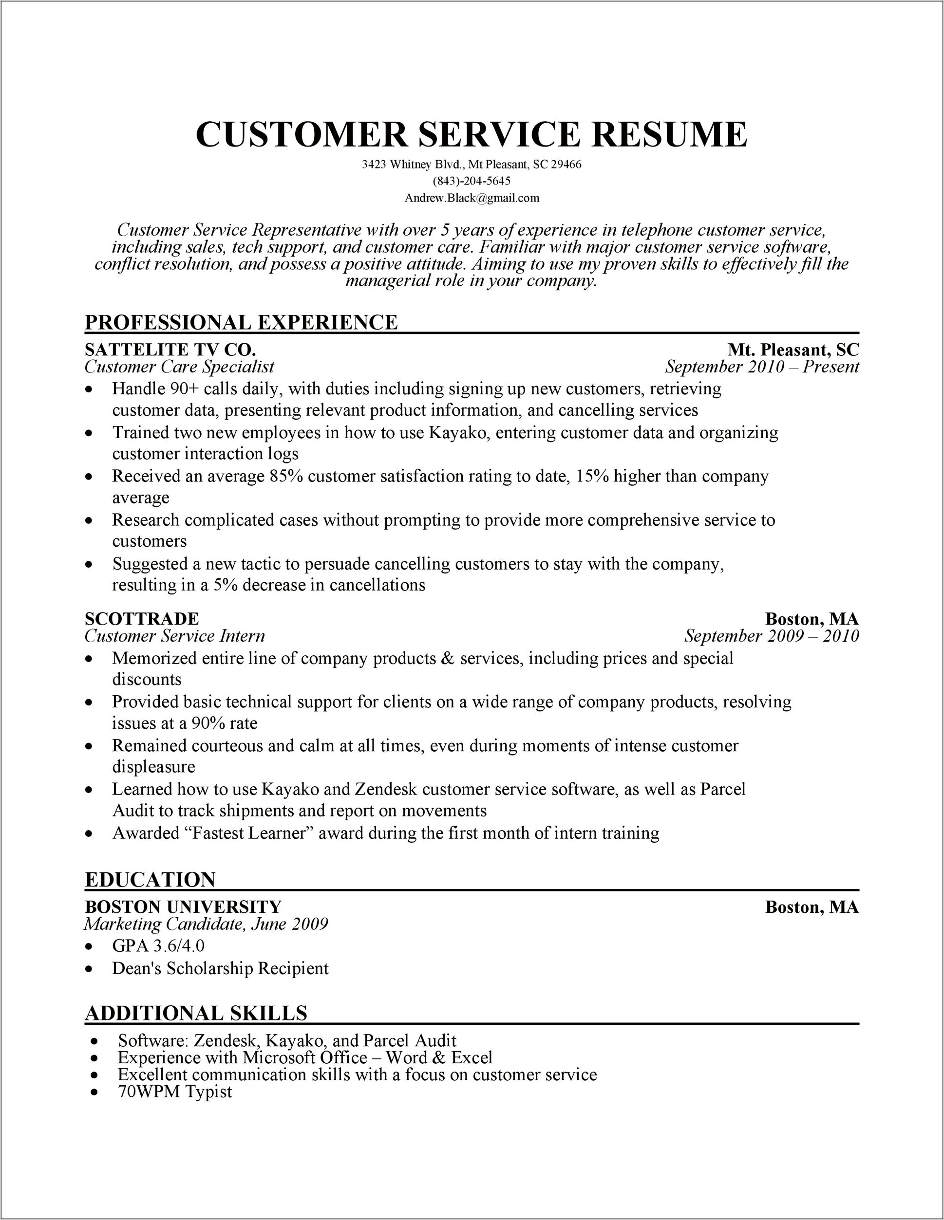 Customer Service Experience For A Resume