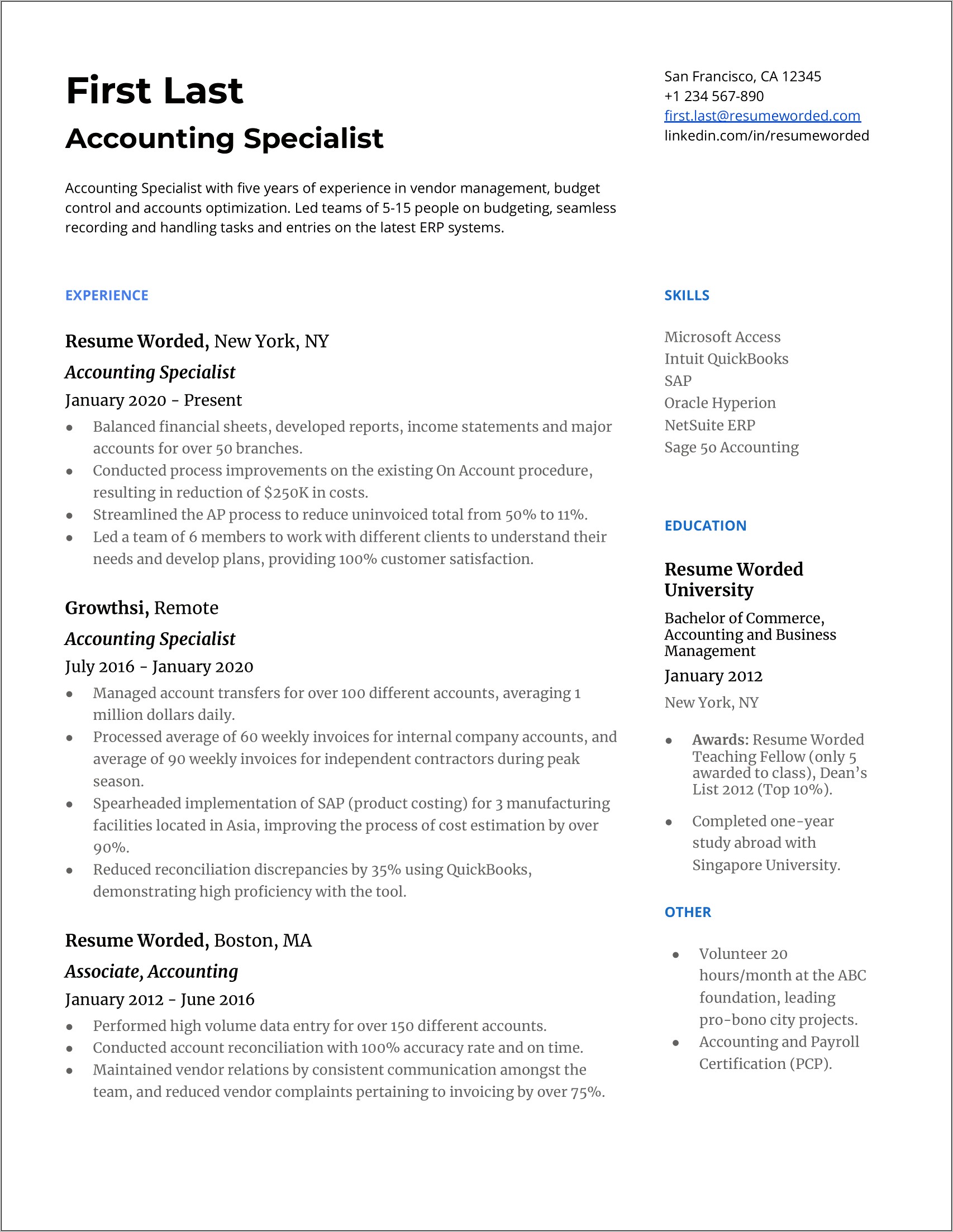 Customer Service Experience For Accounting Clerk Resume