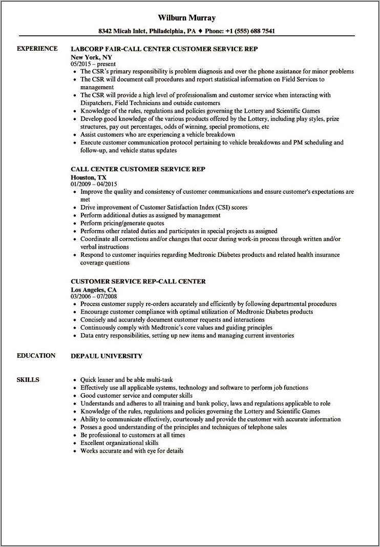 Customer Service Manager Call Center Resume