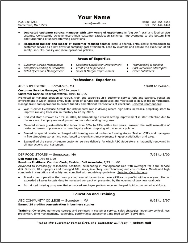 Customer Service Manager Resume Cover Letter