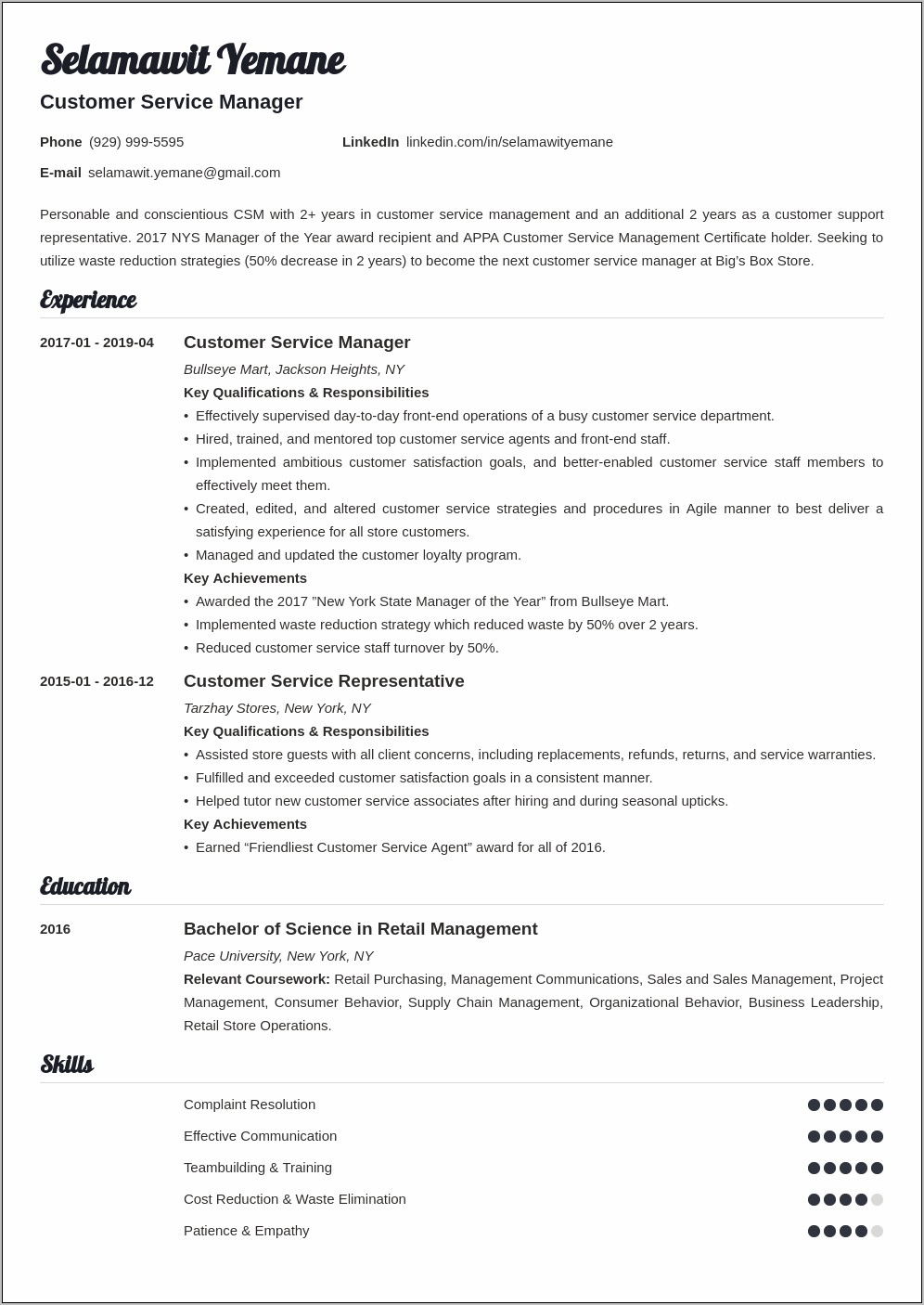 Customer Service Manager Resume Template Free