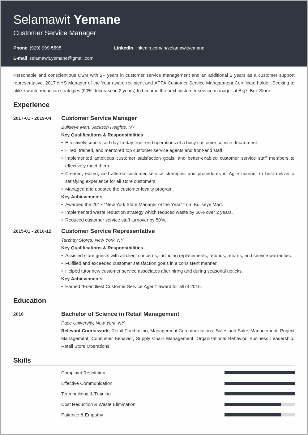 Customer Service Manager Summary For Resume
