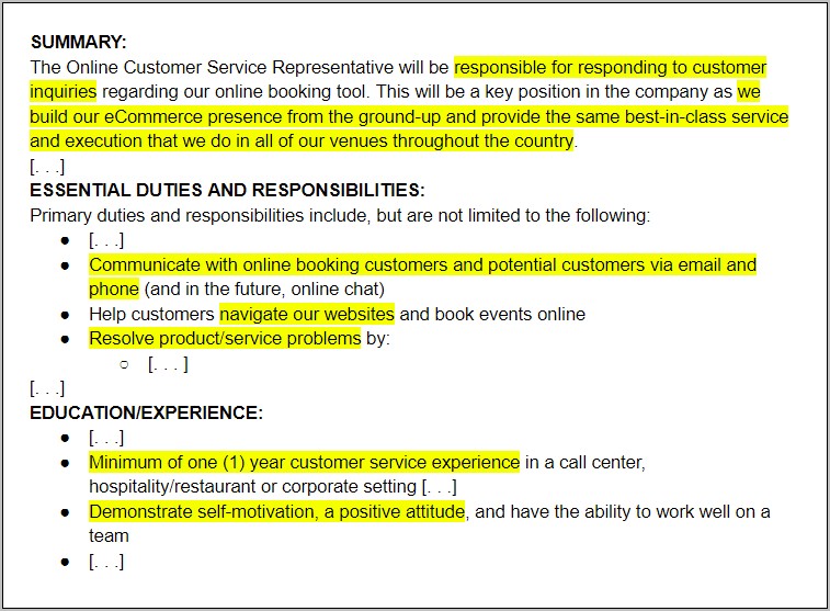 Customer Service Rep Example Resume Summary
