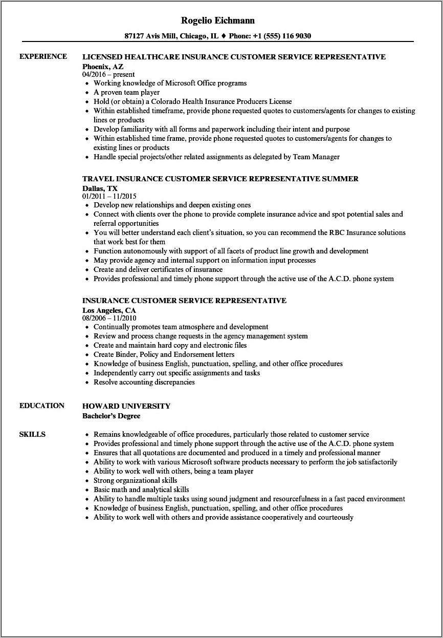 Customer Service Rep Job Description For Resume