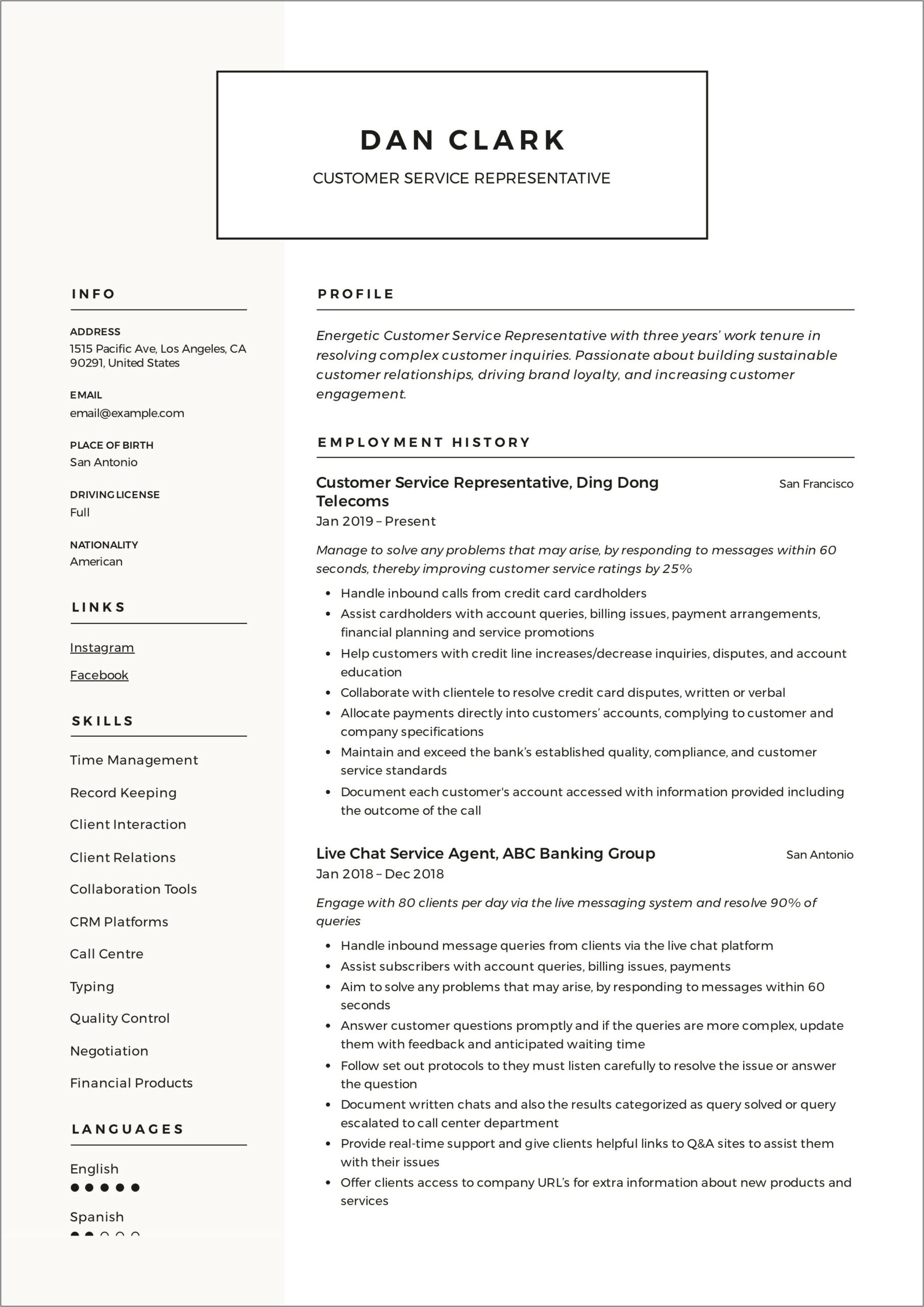 Customer Service Representative Job Responsibilities Resume