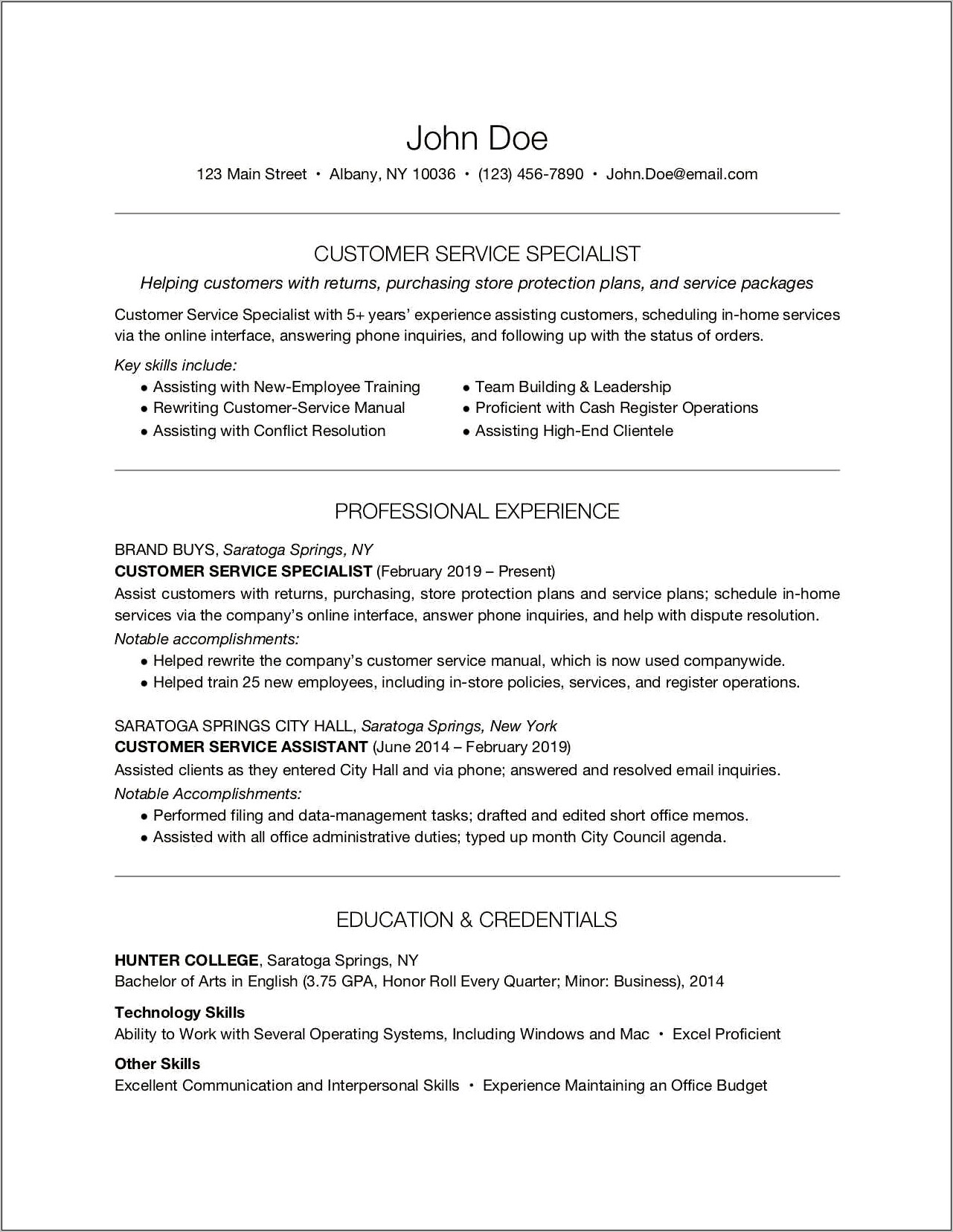 Customer Service Resume Highlights Examples
