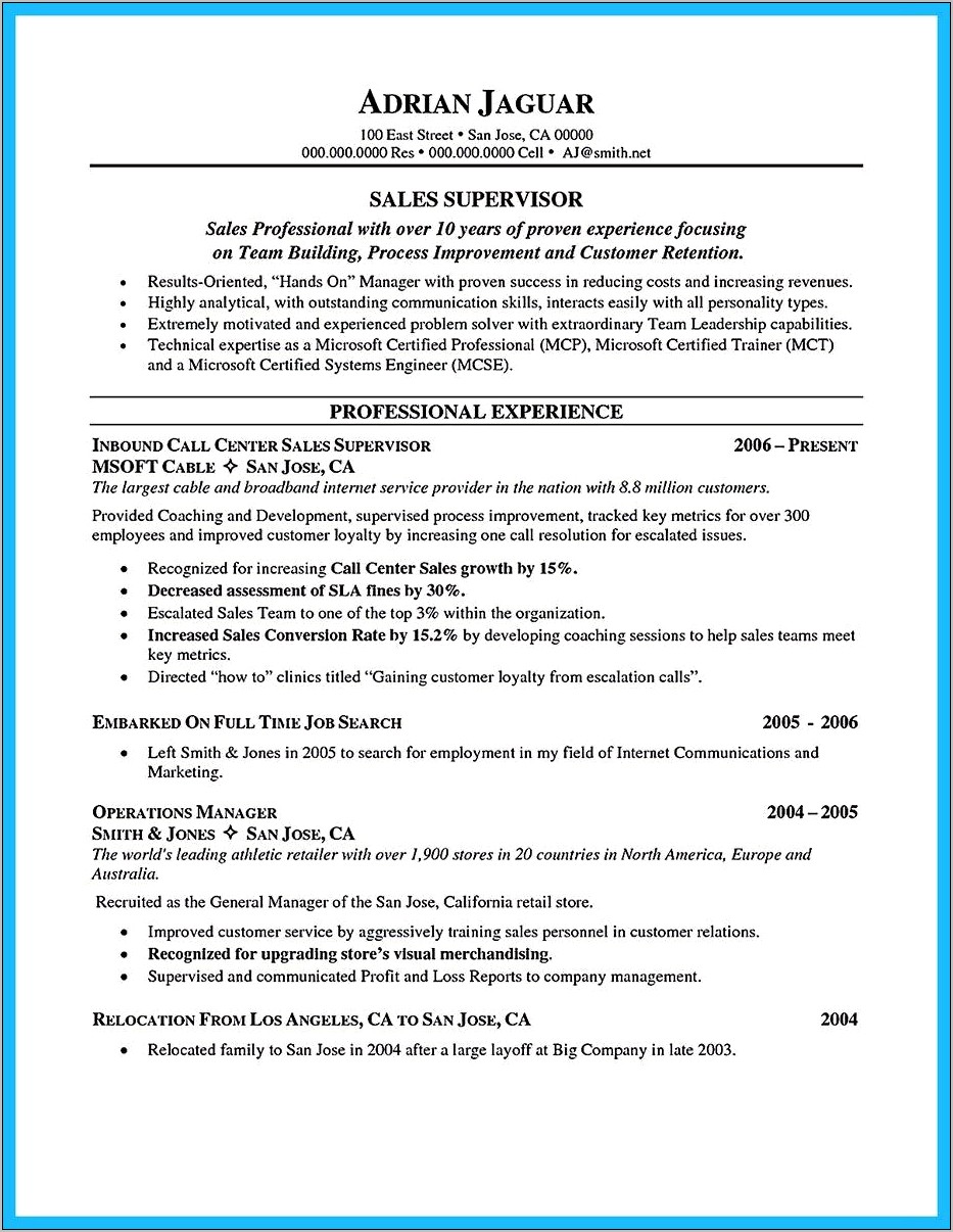 Customer Service Supervisor Job Description Resume