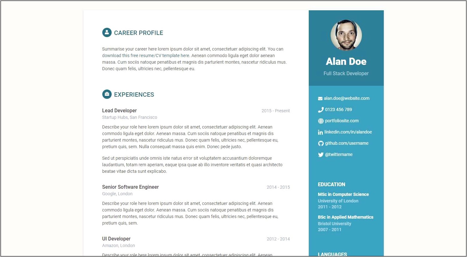Cv Resume Template Bootstrap Free