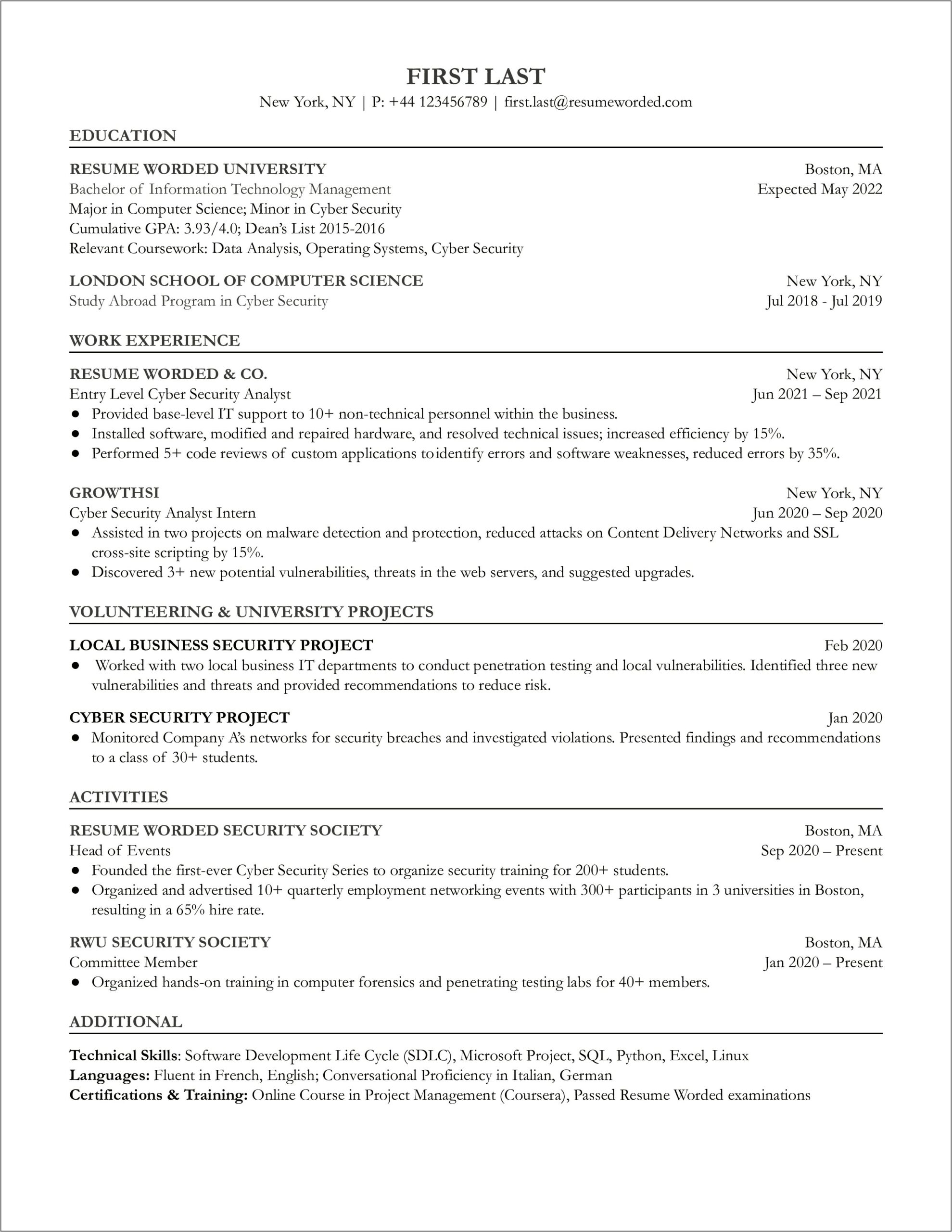 Cyber Security Student Resume Sample