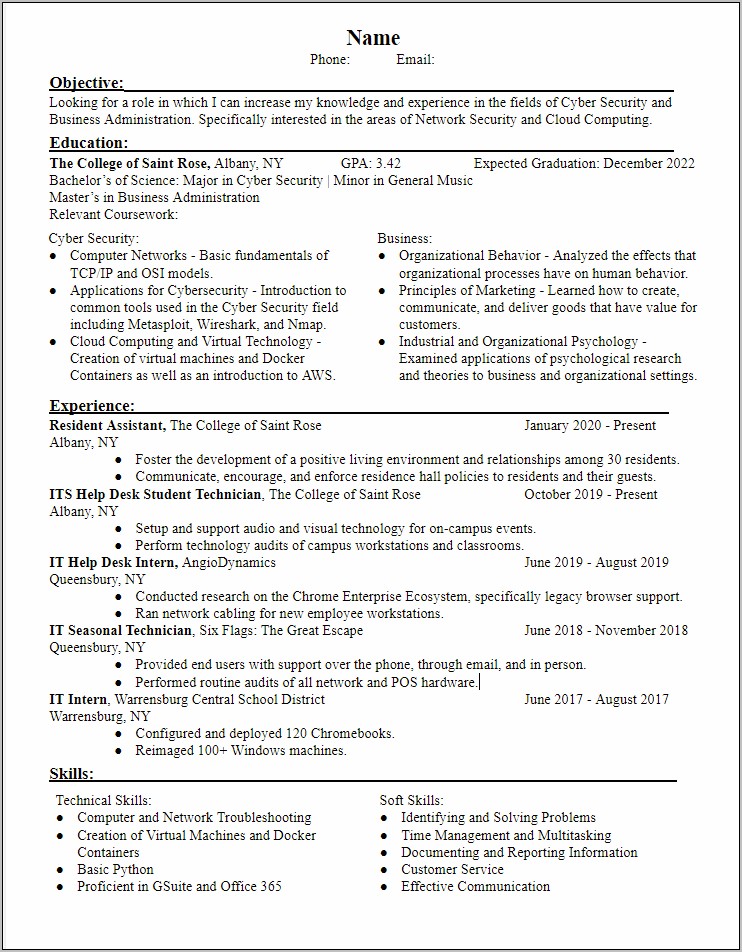 Cybersecurity Resume For Internship Objectives Statement
