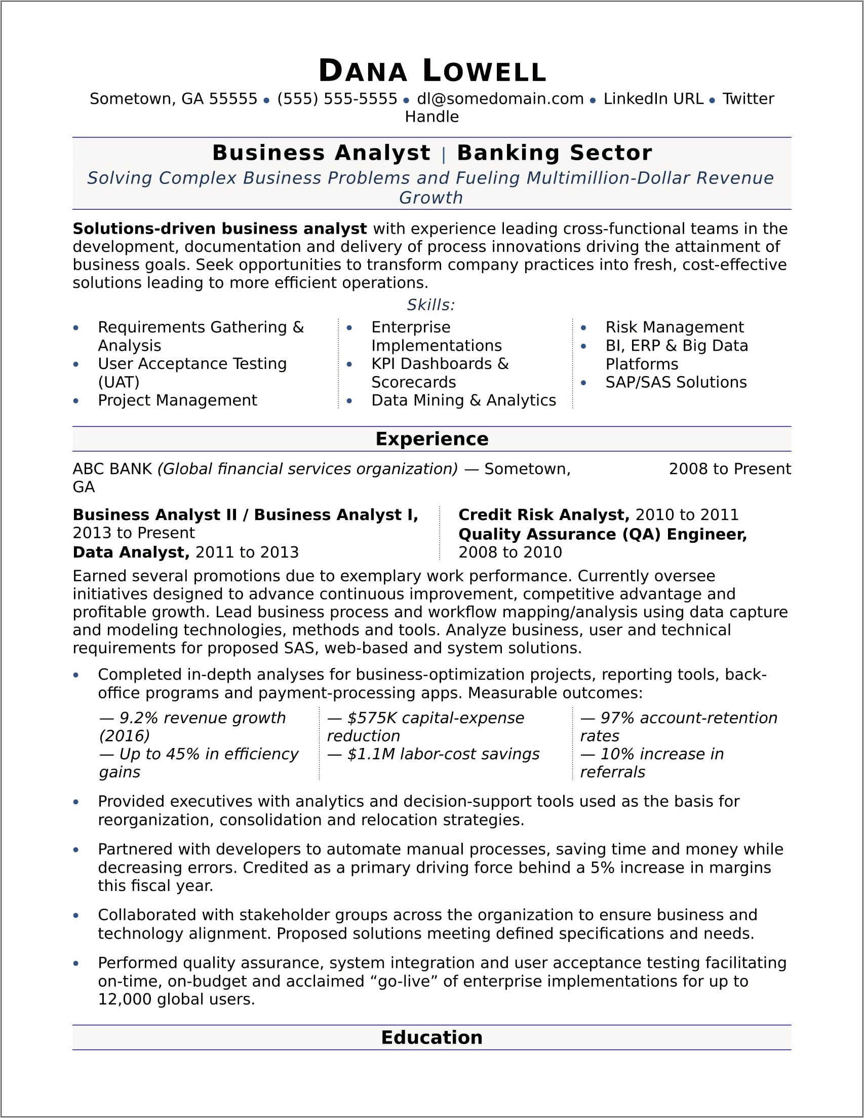 Data Analyst In Banking Sector Sample Resume