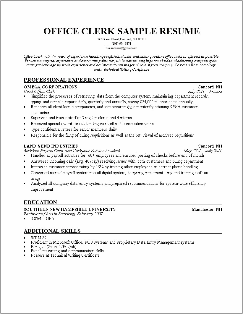 Data Entry Clerk Resume No Experience