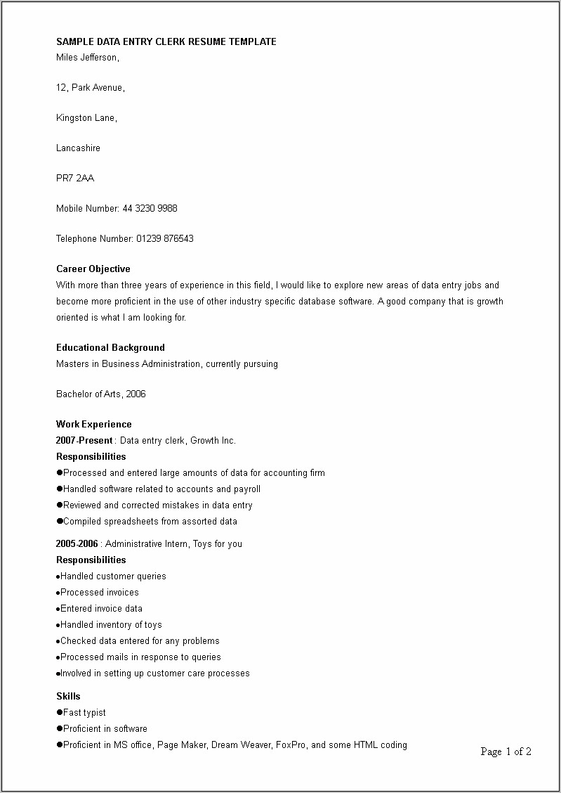 Data Entry Operator Resume Sample In Word Download