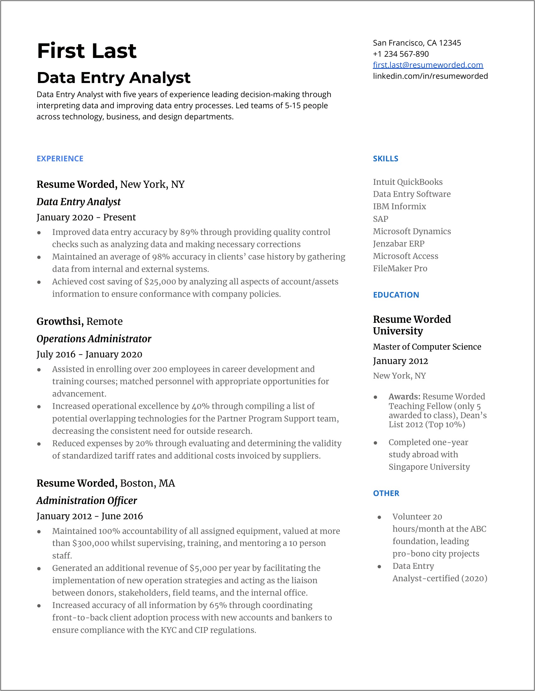 Data Entry Resume Sample With Experience