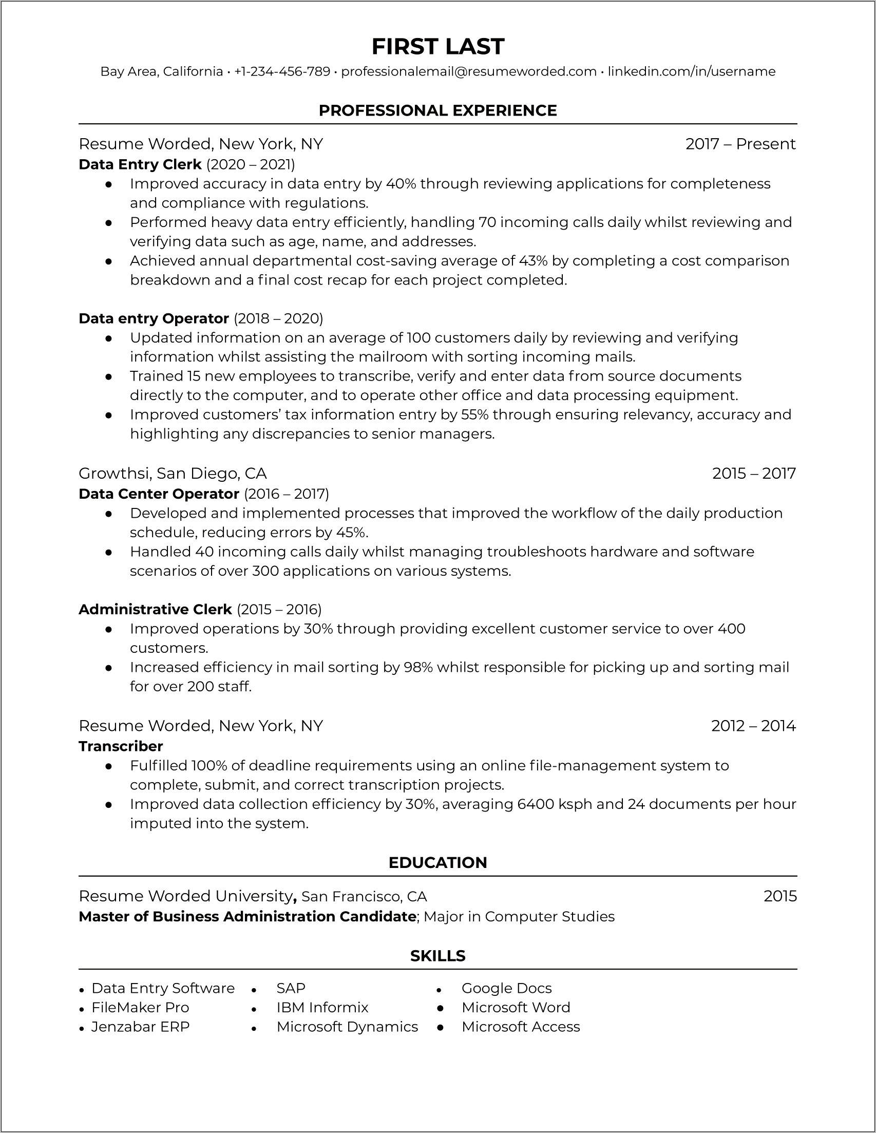 Data Entry Specialist Job Description For Resume