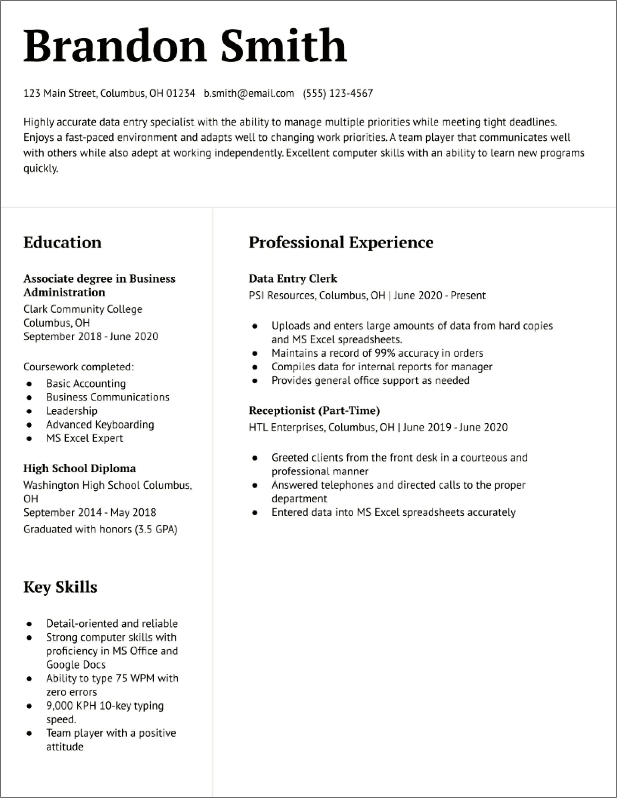 Data Entry Specialist Resume Example Template