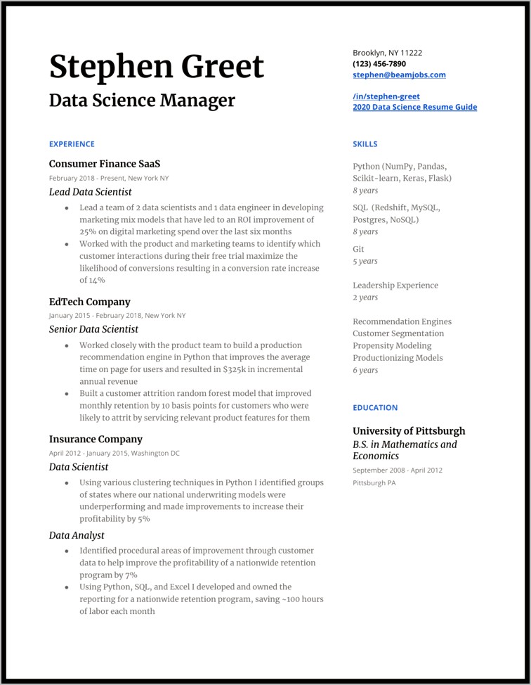 Data Science 1 Year Experience Resume