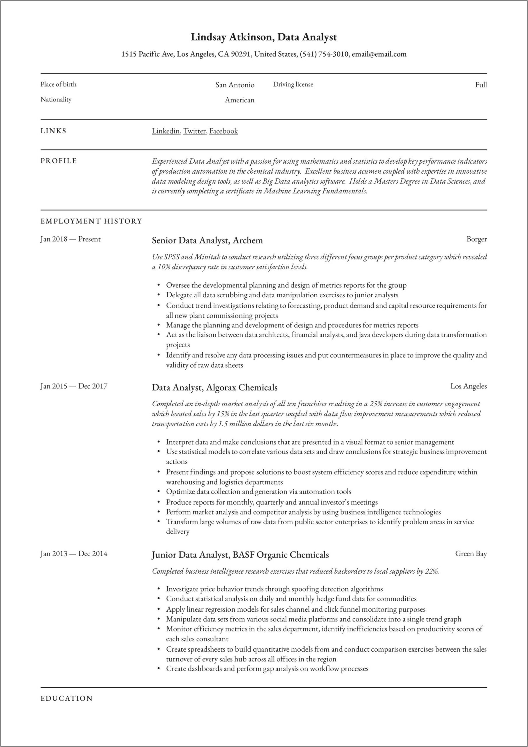 Data Science With Python Resume Example